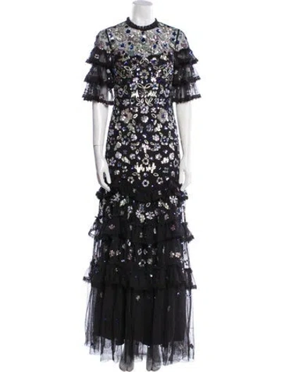 Pre-owned Needle & Thread Floral Print Long Dress In Black