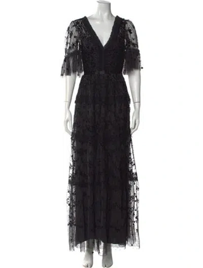 Pre-owned Needle & Thread Floral Print Long Dress In Black