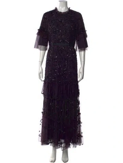 Pre-owned Needle & Thread Floral Print Long Dress In Black/purple