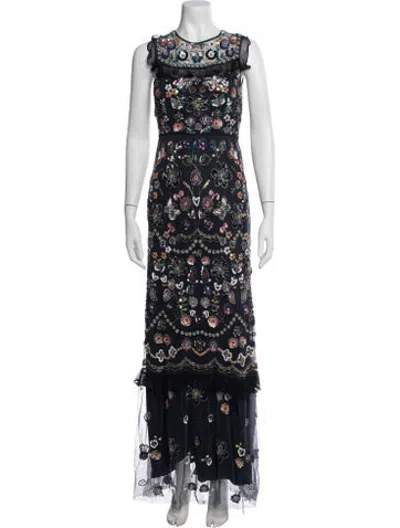 Pre-owned Needle & Thread Floral Print Long Dress In Blue
