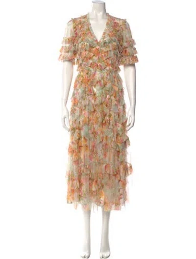 Pre-owned Needle & Thread Floral Print Long Dress In Green