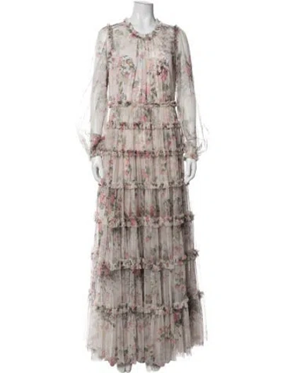 Pre-owned Needle & Thread Floral Print Long Dress In Neutrals