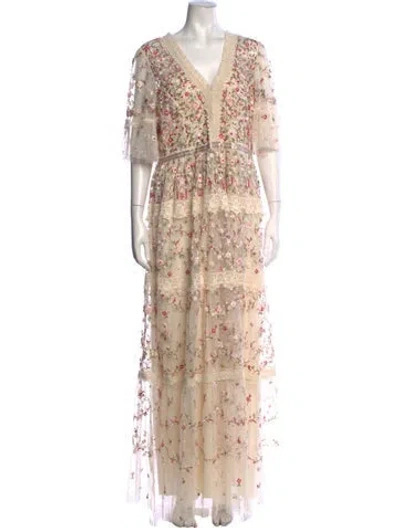 Pre-owned Needle & Thread Floral Print Long Dress In Neutrals