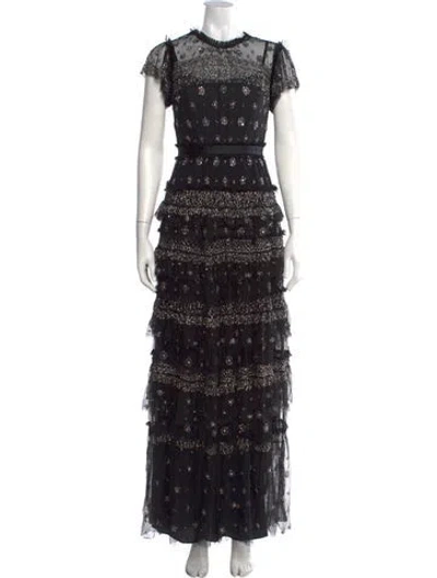 Pre-owned Needle & Thread Floral Print Long Dress W/ Tags In Black