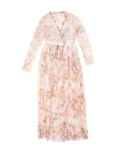 Pre-owned Needle & Thread Floral Print Long Dress W/ Tags In Pink