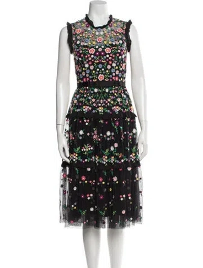 Pre-owned Needle & Thread Floral Print Midi Length Dress In Black