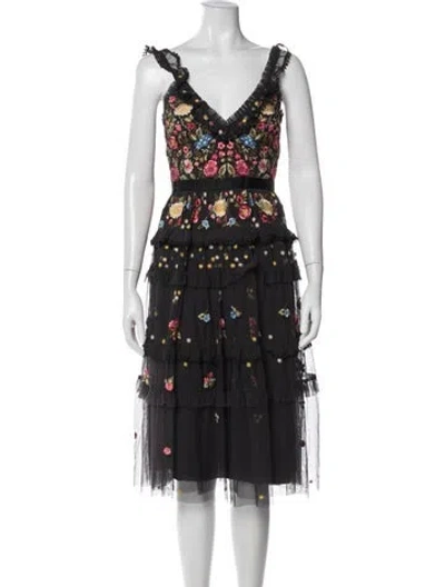 Pre-owned Needle & Thread Floral Print Midi Length Dress In Black