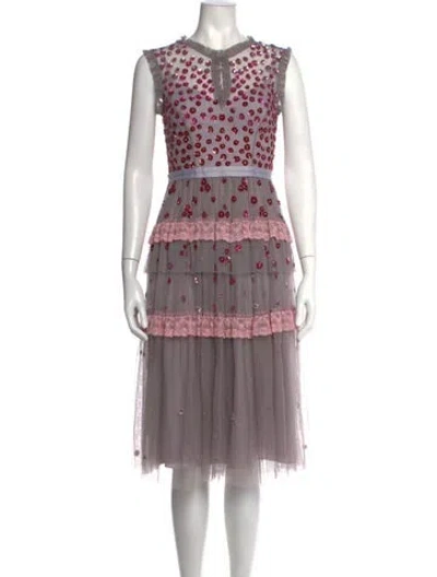 Pre-owned Needle & Thread Floral Print Midi Length Dress In Grey