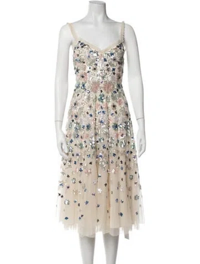 Pre-owned Needle & Thread Floral Print Midi Length Dress In Neutrals
