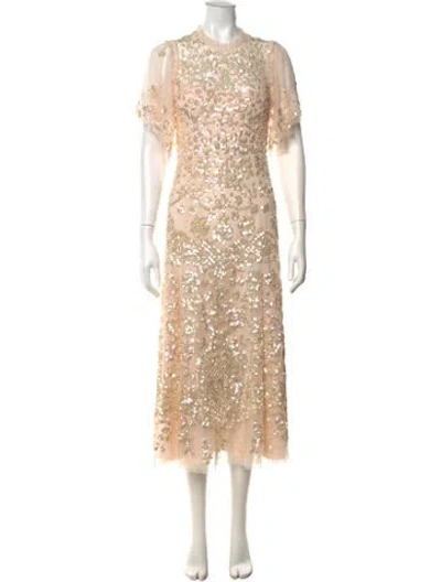 Pre-owned Needle & Thread Floral Print Midi Length Dress In Neutrals/pink