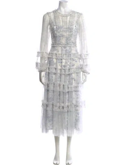 Pre-owned Needle & Thread Floral Print Midi Length Dress In White