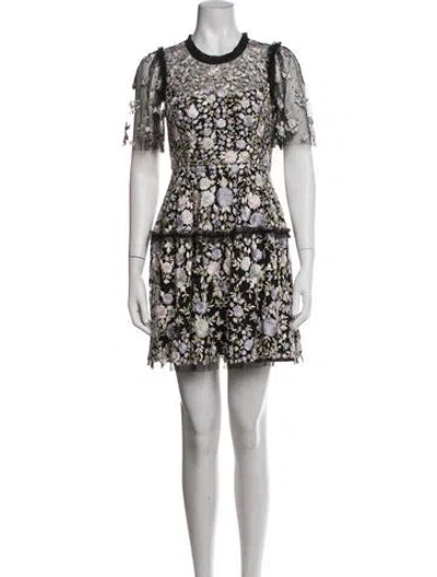Pre-owned Needle & Thread Floral Print Mini Dress In Black