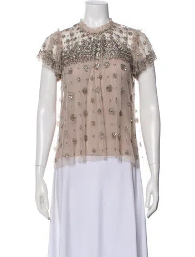 Pre-owned Needle & Thread Floral Print Mock Neck Top In Neutral