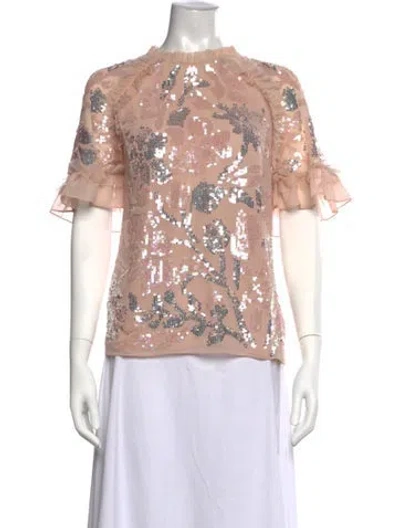 Pre-owned Needle & Thread Floral Print Mock Neck Top In Pink