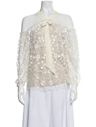 Pre-owned Needle & Thread Floral Print Off-the-shoulder Blouse W/ Tags In White