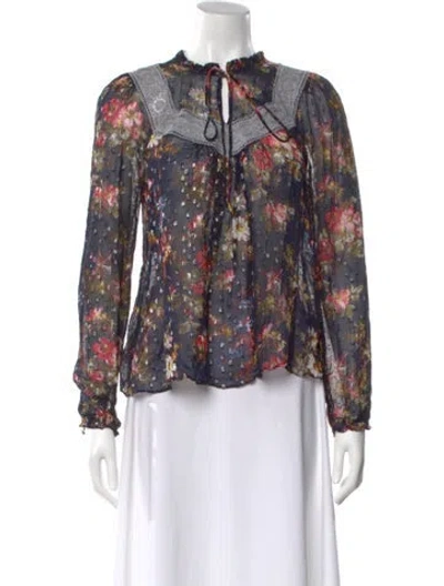 Pre-owned Needle & Thread Floral Print Tie Neck Blouse In Multicolor