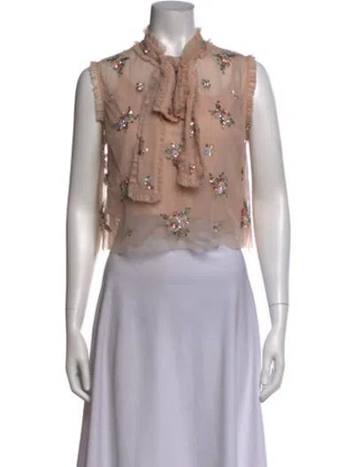Pre-owned Needle & Thread Floral Print Tie Neck Top In Pink