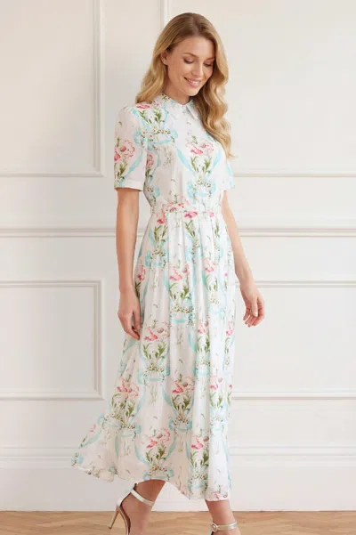Needle & Thread Floral Ribbon Cotton Short Sleeve Ballerina Dress In White
