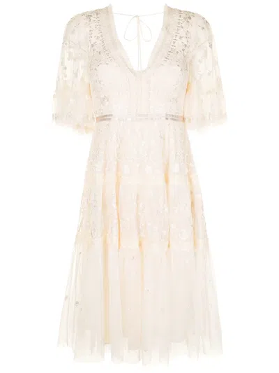 Needle & Thread 'francine' Floral Lace V-neck Midi Dress In Neutrals
