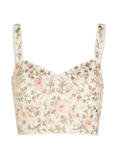 Needle & Thread Floral-embroidered Mesh Crop Top In Pink