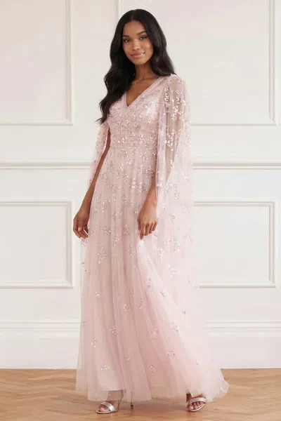 Needle & Thread Freesia Shimmer Cape Sleeve Ankle Gown In Pink
