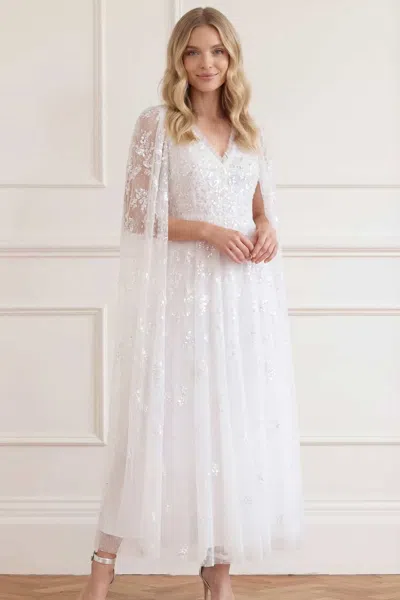 Needle & Thread Freesia Shimmer Cape Sleeve Ankle Gown In White