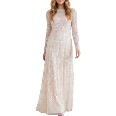 Needle & Thread Freya Long Sleeve Sequin Maxi Gown In Cream/dusk Pink
