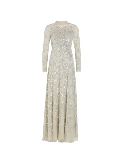 Needle & Thread Freya Sequin-embellished Long-sleeve Maxi Dress In Silver