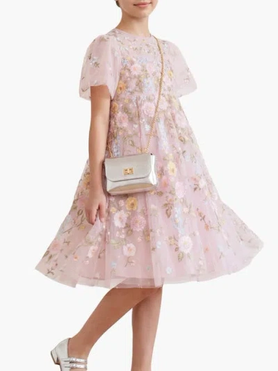 Needle & Thread Kids'  Garden Puff Sleeve Round Neck Dress In Pink