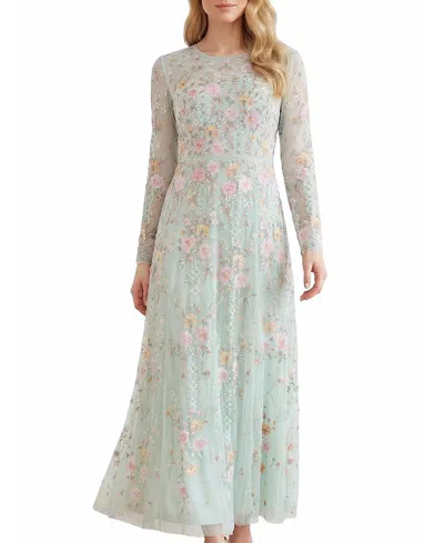 Needle & Thread Garden Rose Long Sleeve Maxi Gown In Sea Mist/pastel Mint