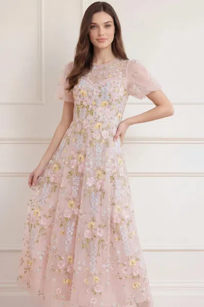 Needle & Thread Garden Rose Short Sleeve Ankle Gown In Pink