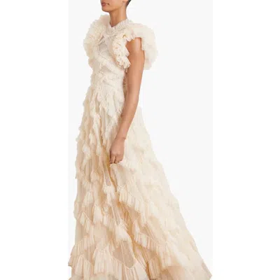 Needle & Thread Genevieve Ruffle Short Sleeve Maxi Gown In Neutral