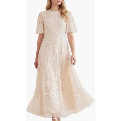 Needle & Thread Gianna Ruffle Short Sleeve Maxi Gown In Neutral