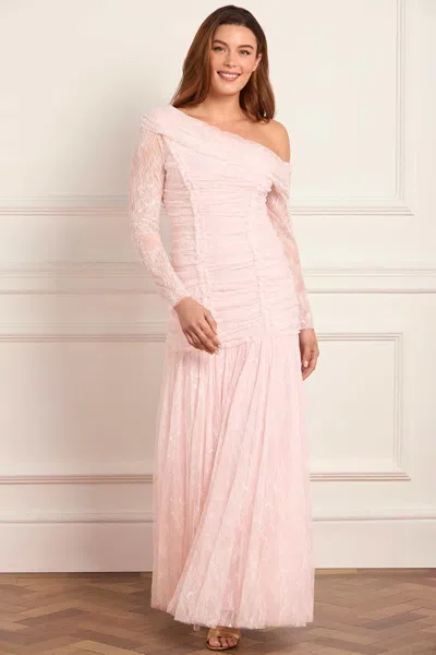 Needle & Thread Gigi Lace One-shoulder Rouched Gown In Pink
