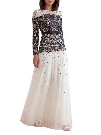 Needle & Thread Gilded Lace Long Sleeve Maxi Gown In Chalk/graphite