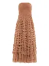 Needle & Thread Hattie Ruffle Strapless Ankle Gown In Brown