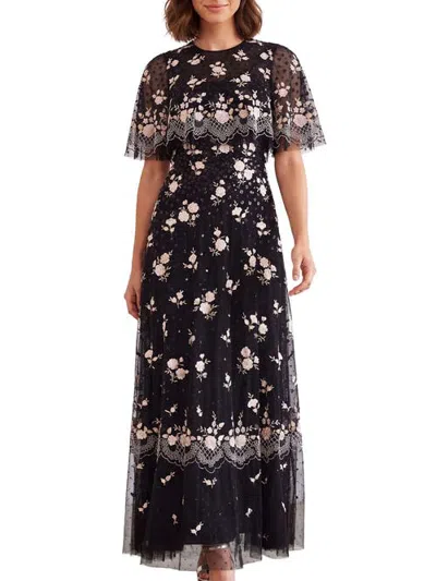 Needle & Thread Henrietta Embroidered Scallop Cape Dress In Black