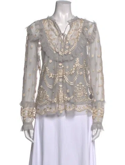 Pre-owned Needle & Thread Lace Pattern Tie Neck Blouse In Gray