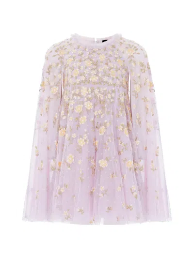Needle & Thread Kids' Lea Ditsy Floral-embroidered Cape-sleeve Dress In Purple