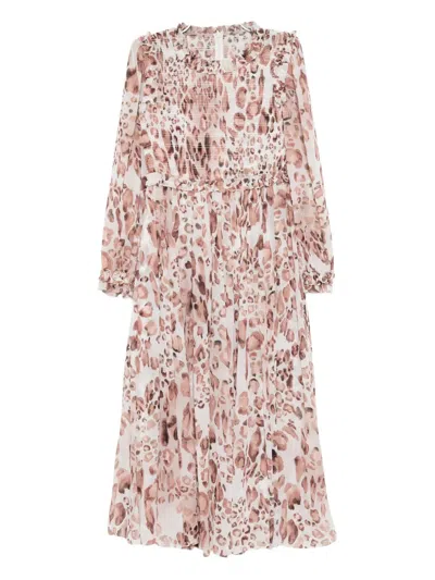 NEEDLE & THREAD LEOPARD SMOCKED MIDI DRESS