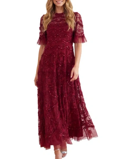 Needle & Thread Lily Bloom Embroidered Dress In Garnet