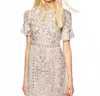 Needle & Thread Linear Motif Embellished Shift Dress In Beige In Pink