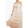 Needle & Thread Lisette Ruffle Off Shoulder Gown In Gold