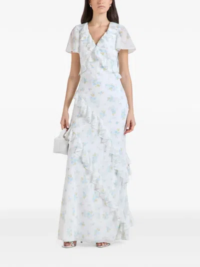 Needle & Thread Magnolia-print Ruffled Maxi Dress In White