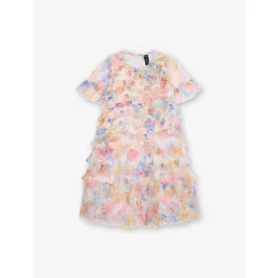 Needle & Thread Babies' Mariannes Floral Printed Tulle Ruffle 4-12 Years Moonshin
