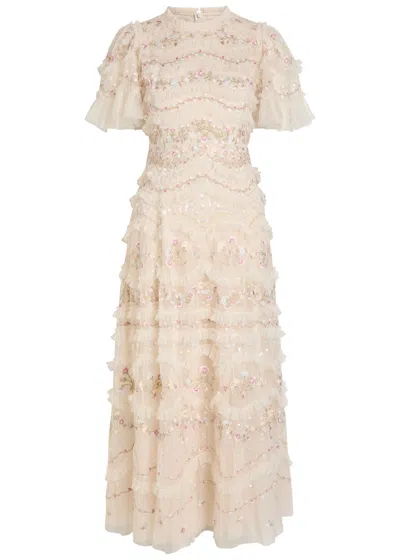 Needle & Thread Marina Ruffled Floral Embellished Tulle Gown In Neutral
