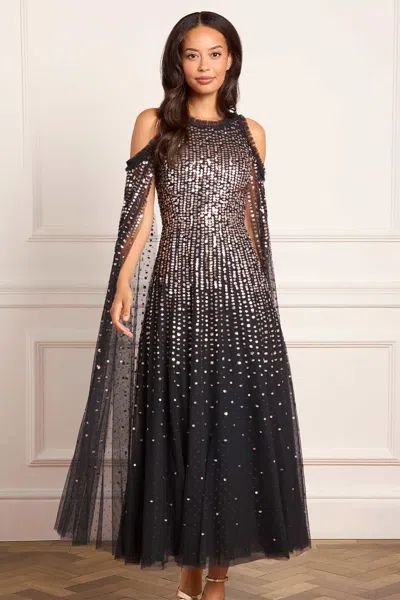 Needle & Thread Moonlight Sequin Cape Sleeve Ankle Gown In Black