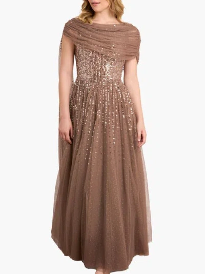 Needle & Thread Moonlight Sequin Draped Gown In Cocoa/tawny