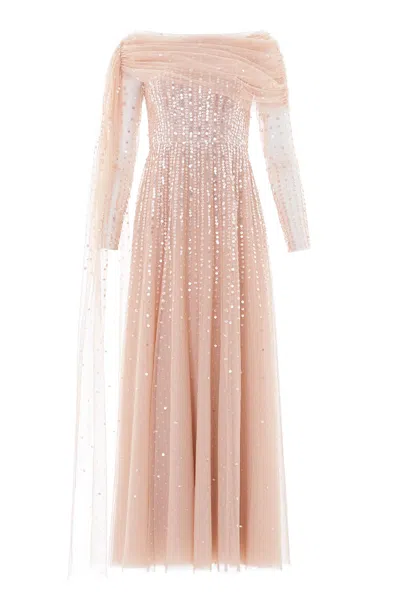 Needle & Thread Moonlight Sequin Draped Long Sleeve Gown In Sand