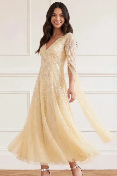 Needle & Thread Moonlight Sequin V-neck Cape Sleeve Ankle Gown In Yellow